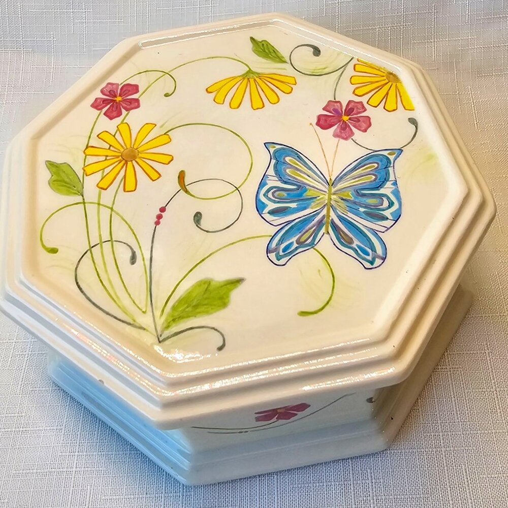 Ceramic Glazed Butterfly Octagon Ring/Jewelry Box/Trinket Box/Stash Box Artist S